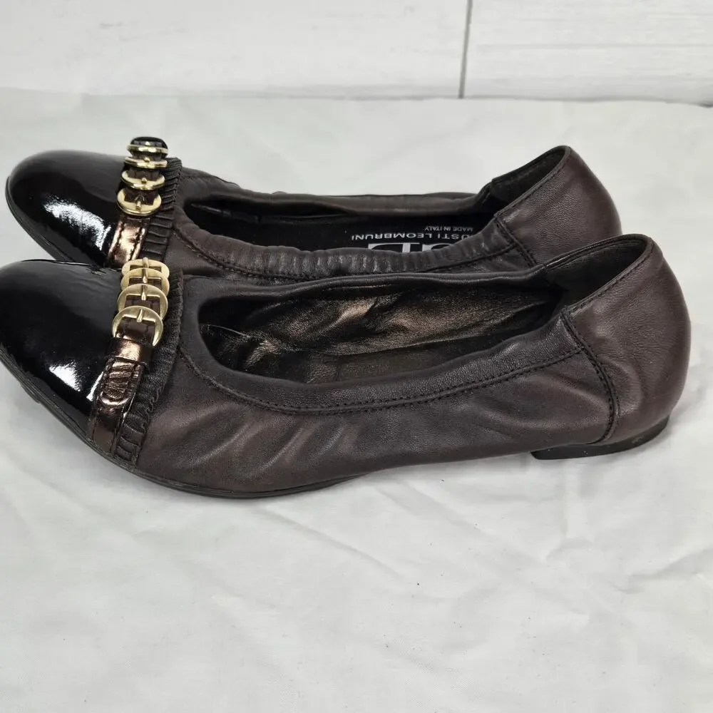 AGL Attilio Giusti Leombruni Ballet Flats Cap Toe Leather Gold Buckle 37.5 7.5